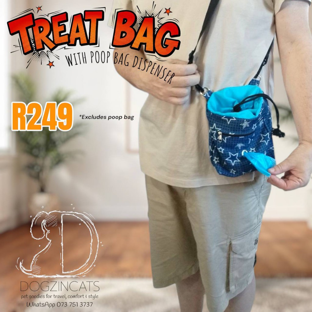 Pet treat bag with poop bag dispenser