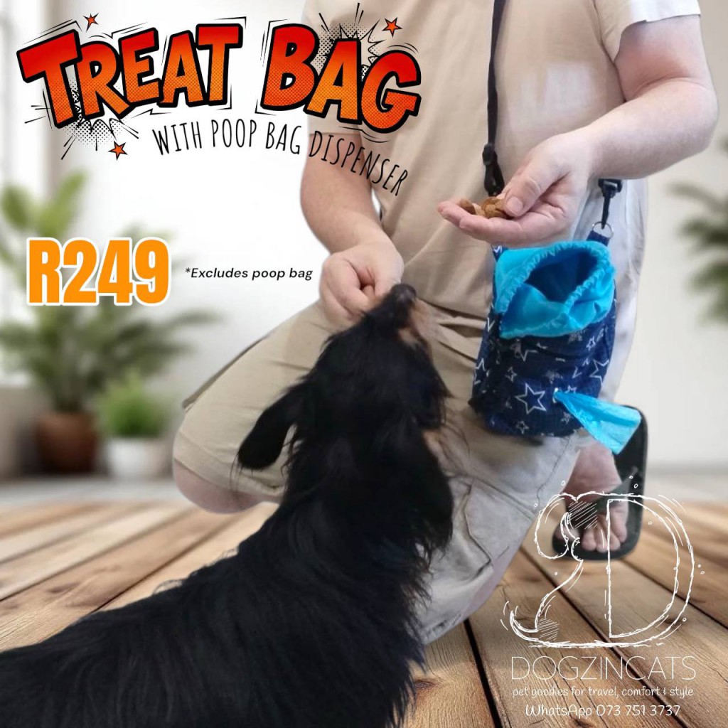 Pet treat bag with poop bag dispenser